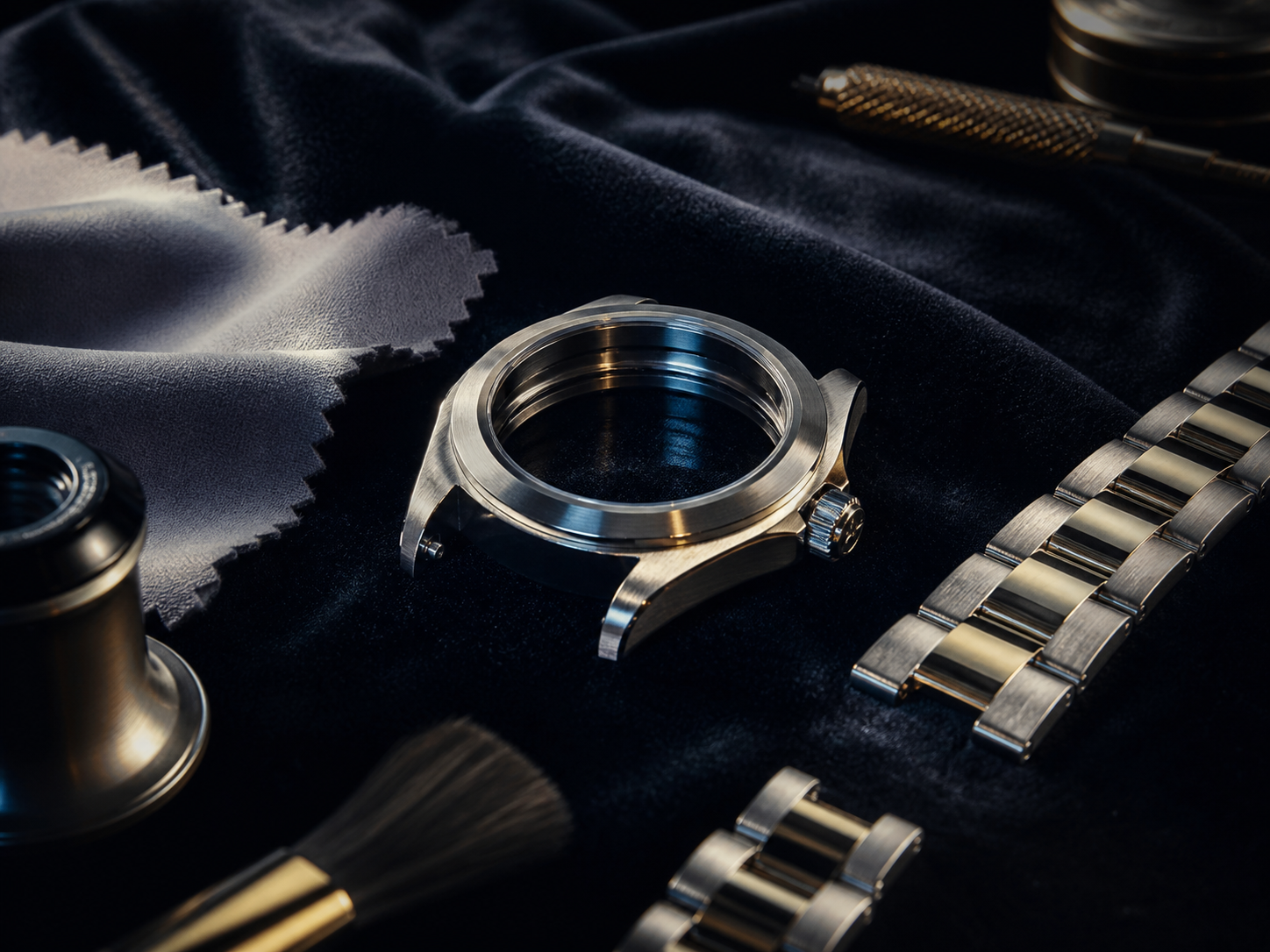 Luxury watch case and bracelet restoration setting
