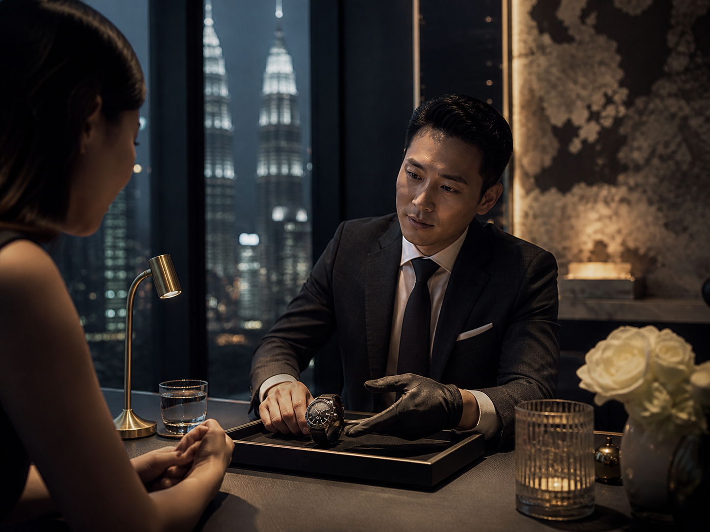 Client consultation scene with Kuala Lumpur skyline
