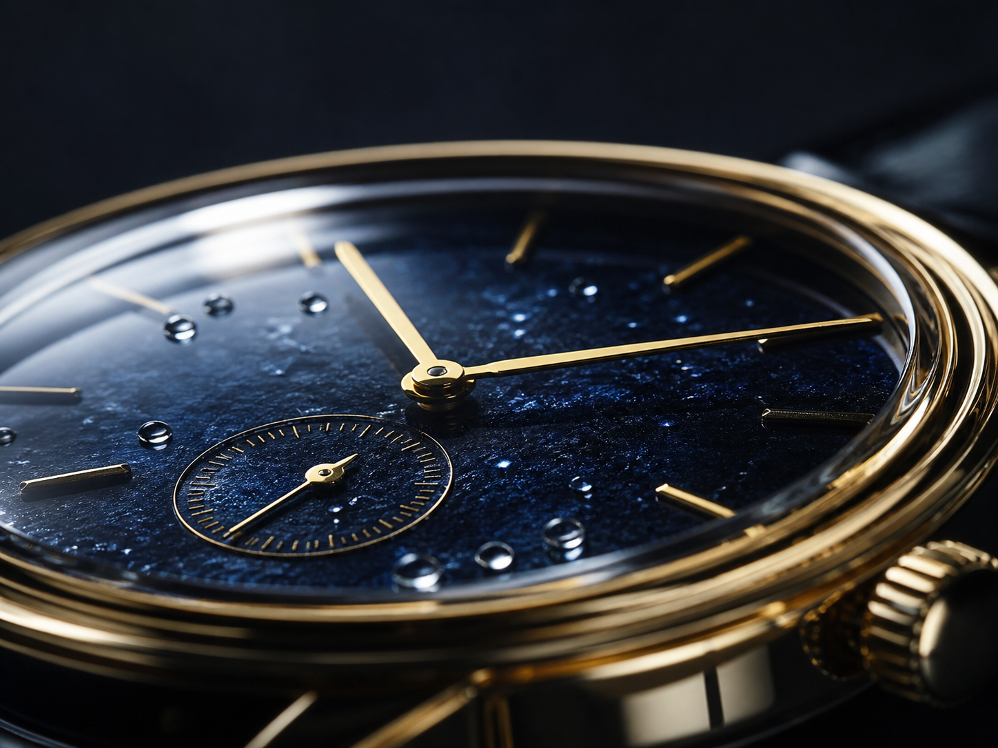 Macro detail of a luxury watch dial with gold hands