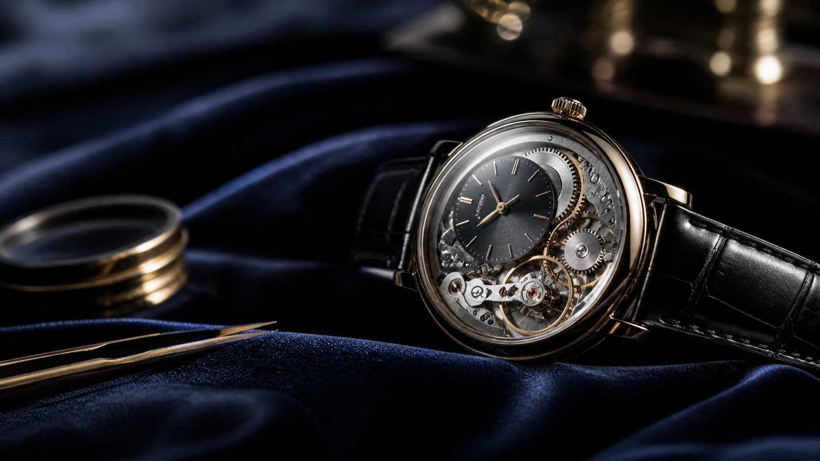 Luxury watch on sapphire velvet with dark editorial styling