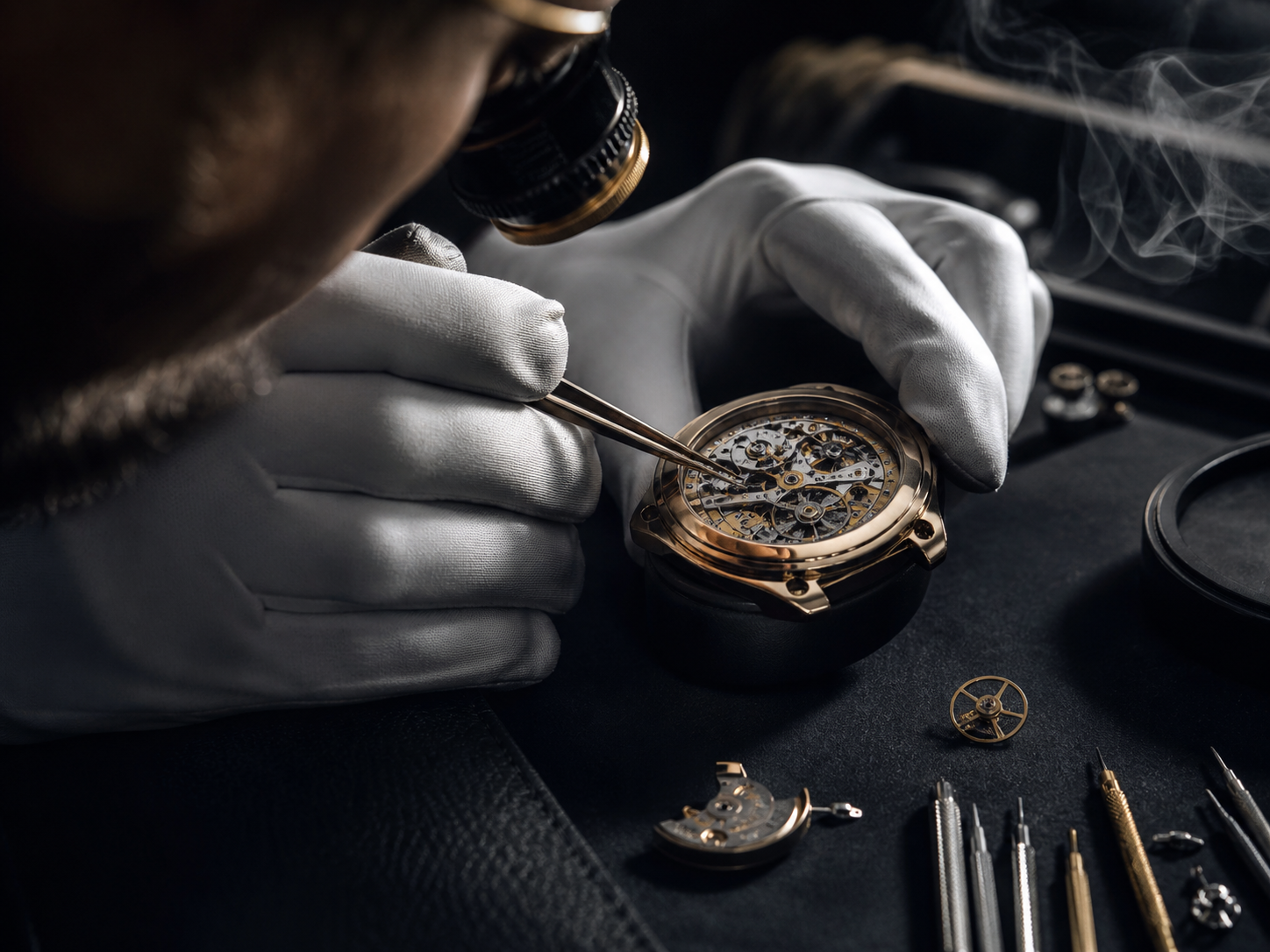 Watchmaker performing detailed work on a luxury movement